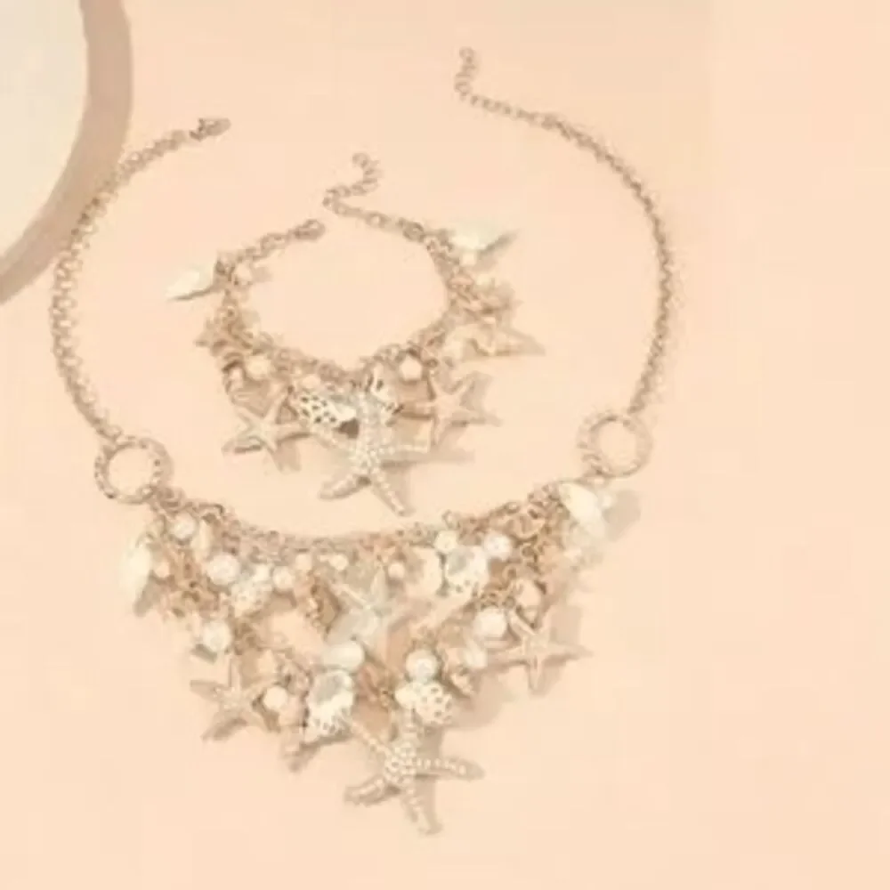 Chunky Golden Beach Starfish Concho Shell Pearl Necklace and Bracelet Set